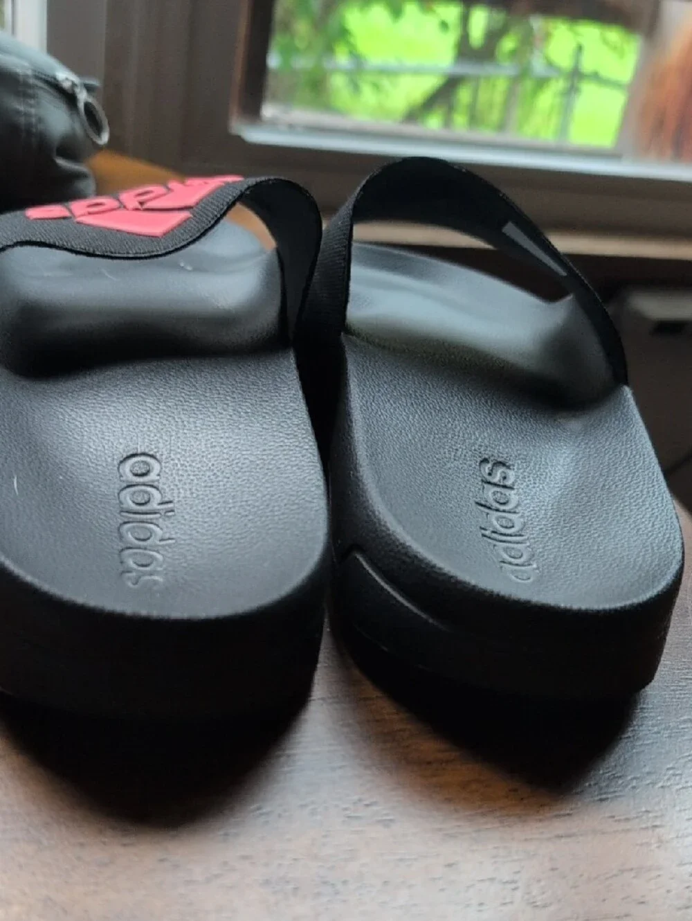 adidas Mens Black Slide Sandals with Red Logo